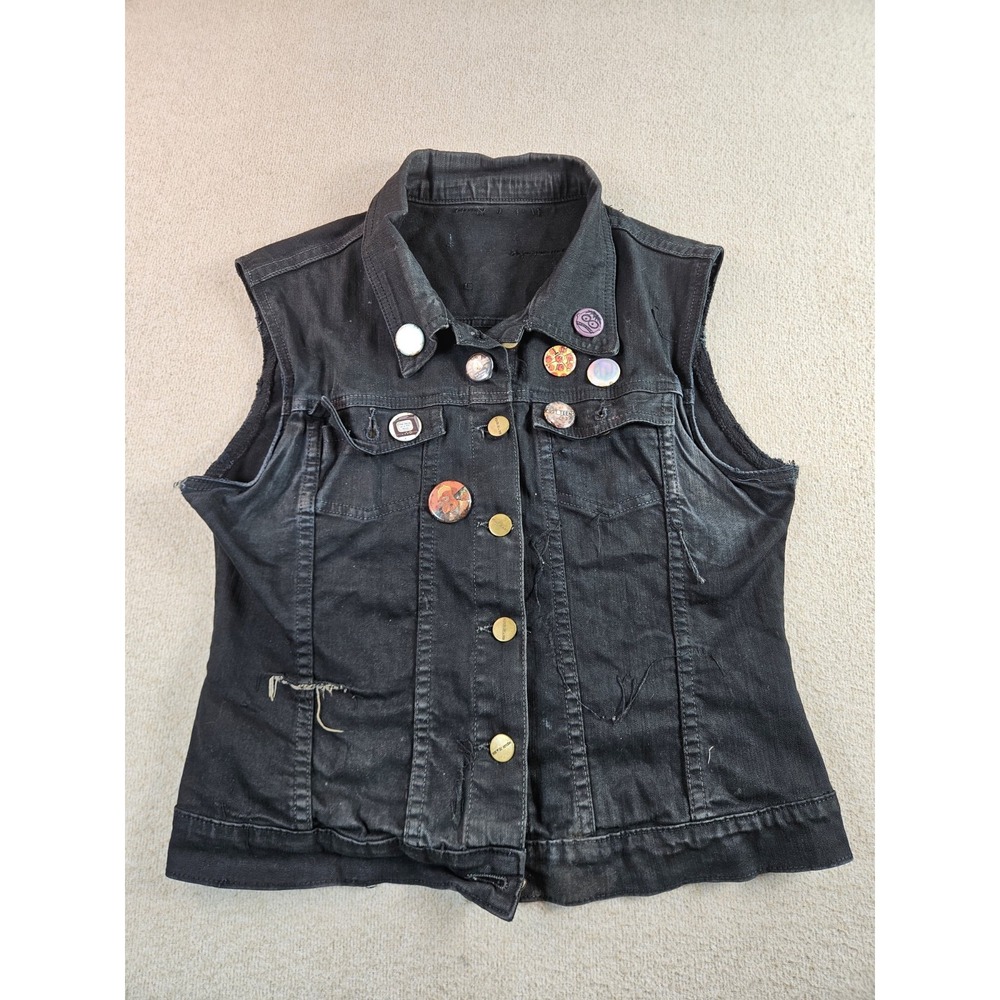 Vintage 90s Black Denim Vest USA Women's M Grunge Thrashed Distressed Punk Goth